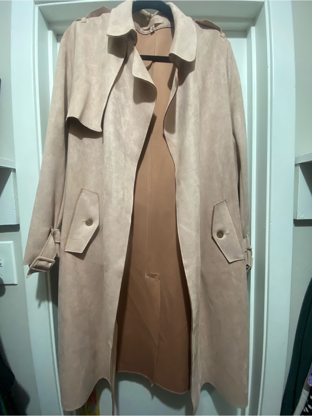 Women's Suede Pinkish Beige Long Trench Coat